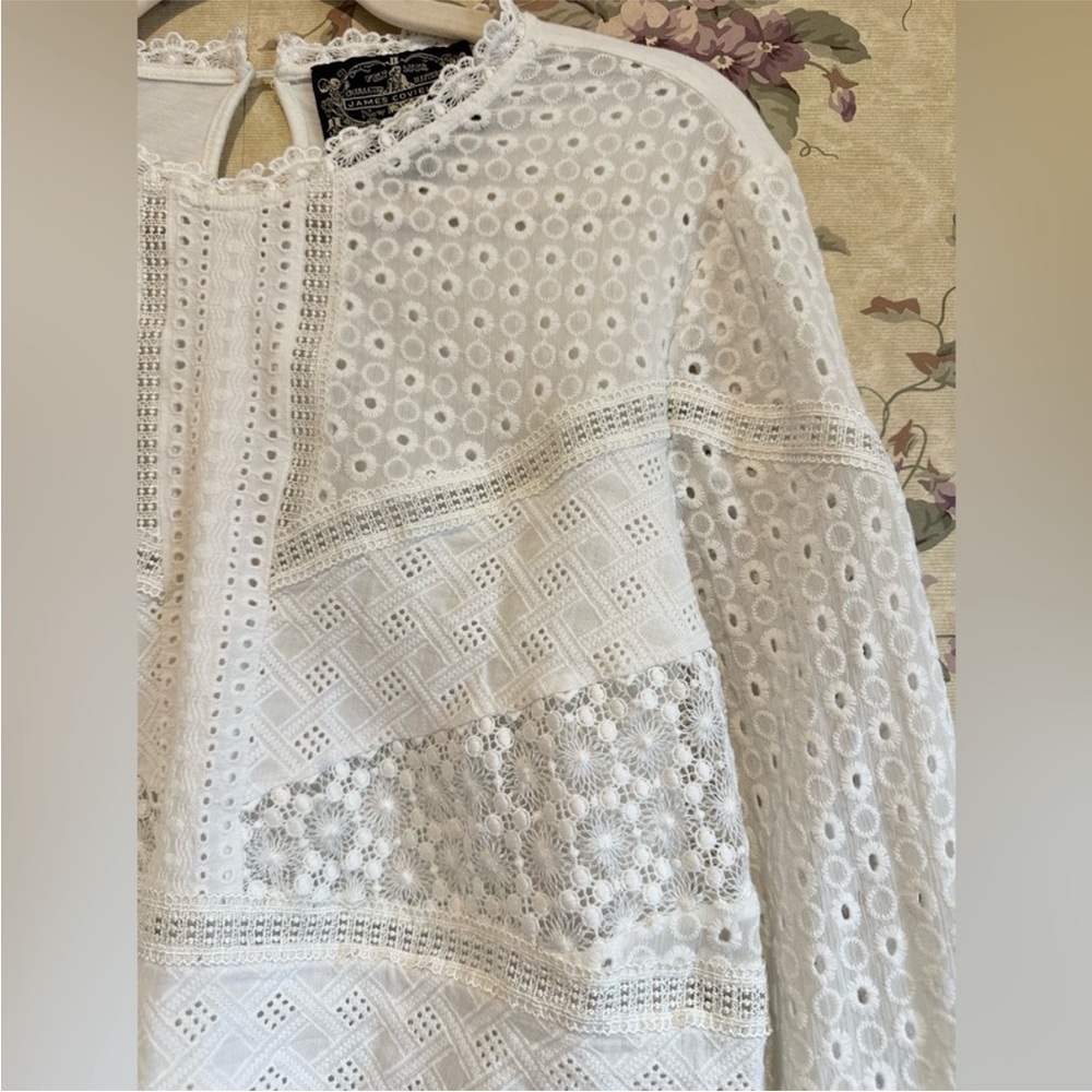 🌼 Anthropologie James Coviello White Eyelet Lace long sleeve Peasant Blouse XL - Picture 4 of 13